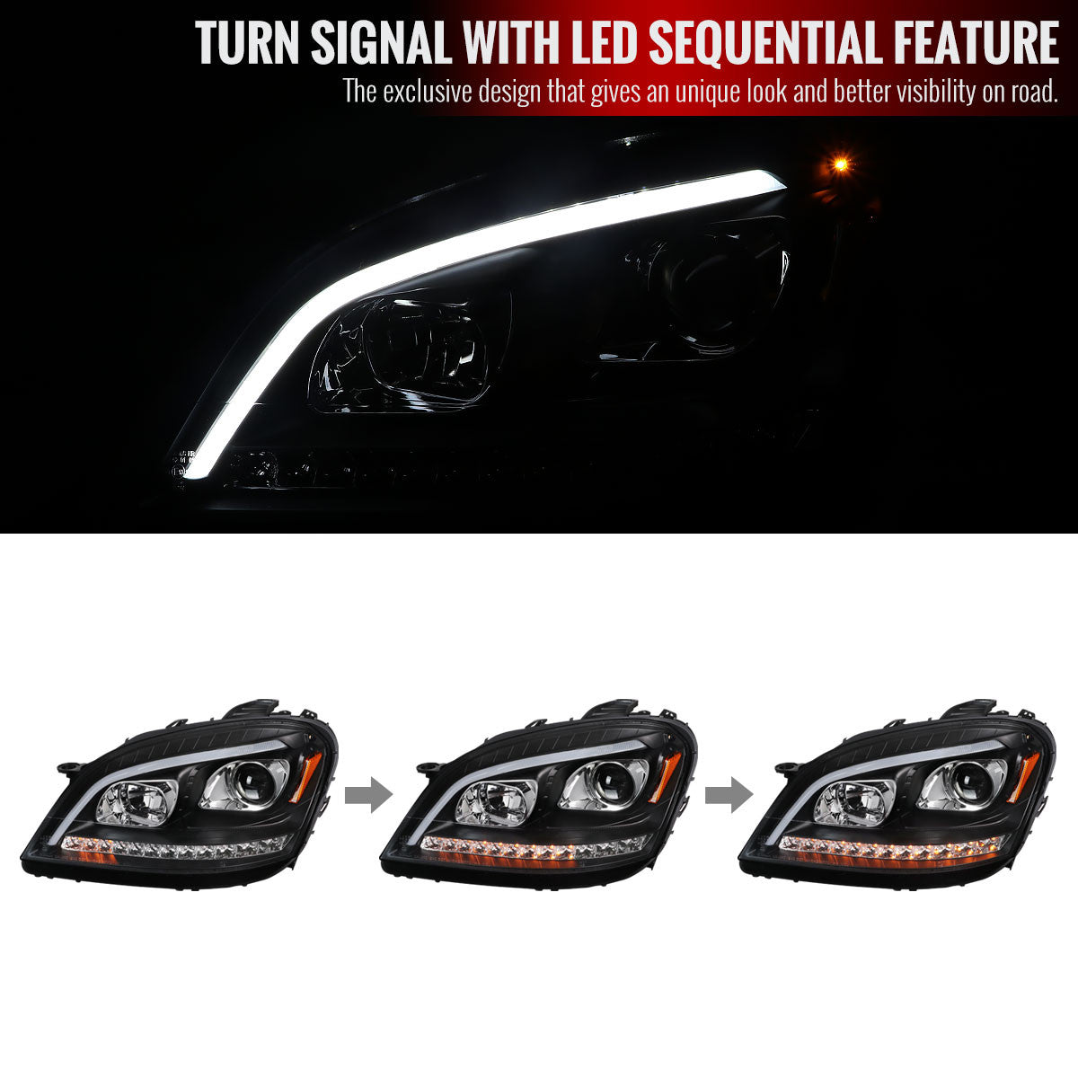 Projector Headlights W/ Led Sequential Turn Signal Installed Mercedes Ml W164