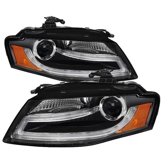 Spyder Audi A4 09-12 DRL Projector Headlights LED Black Halogen display showing show PRO-YD-AA408-DRL-BK