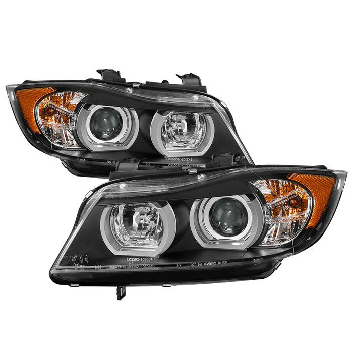 Spyder BMW E90 3-Series 06-08 4DR Projector Headlights Black display showing show PRO-YD-BMWE9005V2-AM-BK