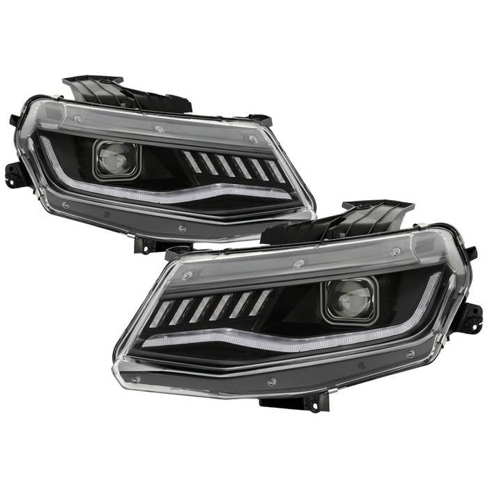 Spyder Chevy Camaro 16-18 Pro Headlights SEQ Signal Black display showing show PRO-YD-CCAM16HALSI-SEQ-BK