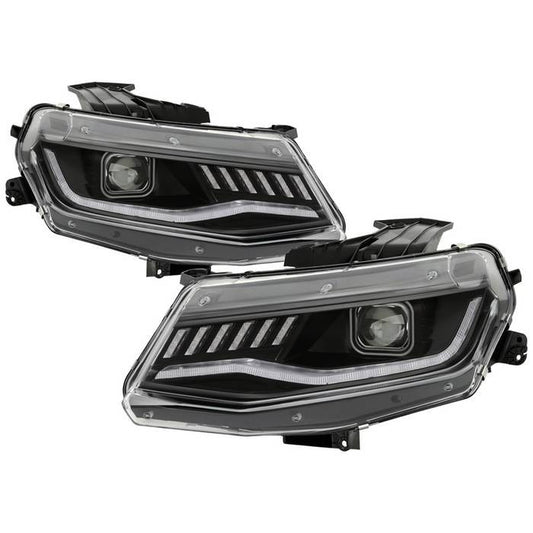 Spyder Apex Chevy Camaro 16-18 Full LED Headlights Sequential Black display showing show PRO-YD-CCAM16HIDAP-SEQ-BK