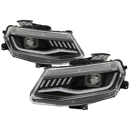 Spyder Chevy Camaro 16-18 SEQ Pro Headlights Black OEM Xenon display showing show PRO-YD-CCAM16HIDSI-SEQ-BK