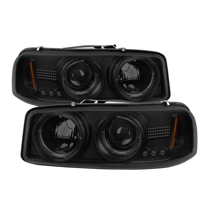 Spyder Sierra 99-06/ Denali 02-07 Halo Pro Headlights Smoke display showing show PRO-YD-CDE00-HL-BSM