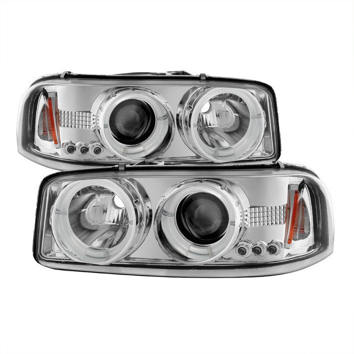 Spyder Sierra 99-06/ Denali 02-07 Halo Pro Headlights Chrome display showing show PRO-YD-CDE00-HL-C