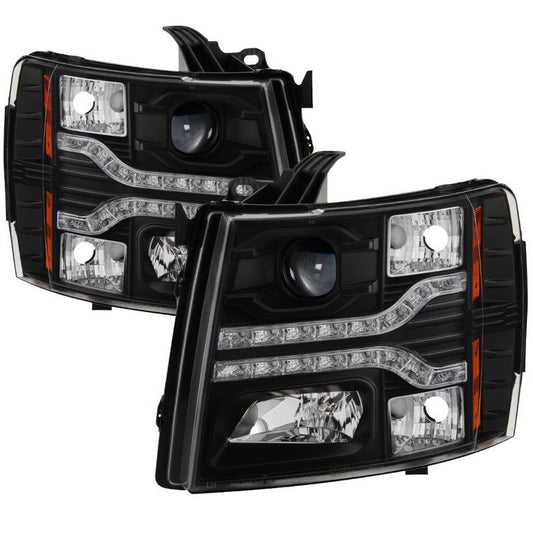 Spyder Silverado 1500 2500HD 3500HD 07-13 V2 Pro Headlights Black display showing show PRO-YD-CS07V2-DRL-BK