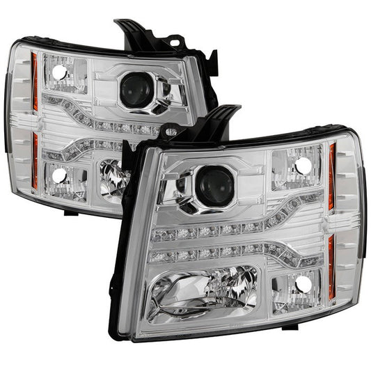 Spyder Silverado 1500 2500HD 3500HD 07-13 V2 Pro Headlights Chrome display showing show PRO-YD-CS07V2-DRL-C