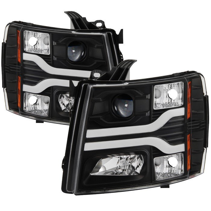 Spyder Silverado 1500 2500HD 3500HD 07-13 light bar Headlights Black display showing show PRO-YD-CS07V3-LBDRL-BK