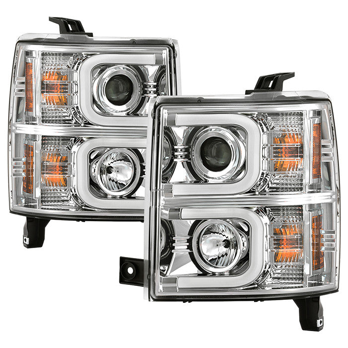 Spyder Chevy Silverado 1500 14-15 LED Bar Pro Headlights Chrome display showing show PRO-YD-CS14-LBDRL-C