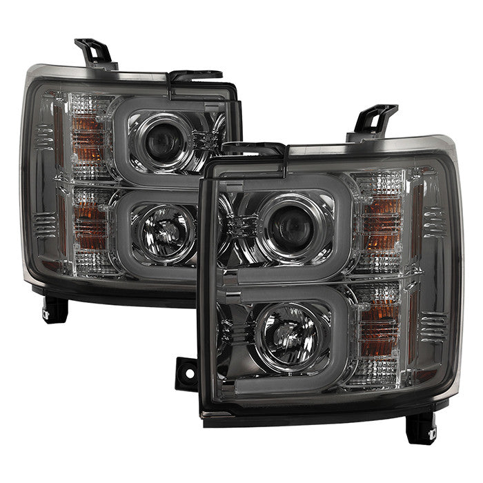 Spyder Silverado 15-19 2500HD 3500HD LED bar Headlights Chrome display showing show PRO-YD-CSHD14-LBDRL-SM