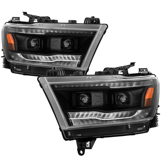 Spyder Apex Dodge Ram 2019-2020 LED Headlights SEQ signal Black display showing show PRO-YD-DR19HALAP-SEQ-BK