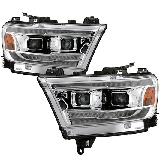 Spyder Apex Dodge Ram 2019-2020 LED Headlights SEQ signal Chrome display showing show PRO-YD-DR19HALAP-SEQ-C