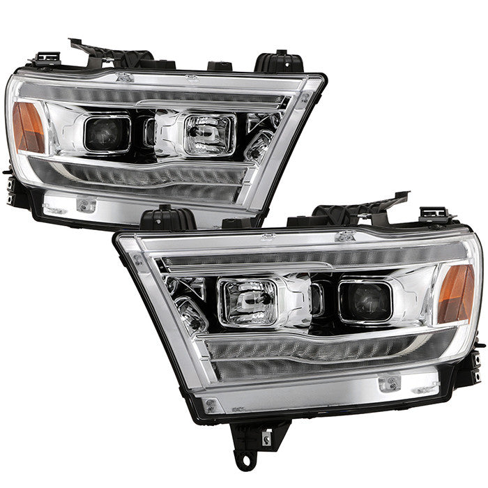 Spyder Dodge Ram 1500 2019-2020 Pro Headlights SEQ signal Chrome display showing show PRO-YD-DR19HALSI-SEQ-C