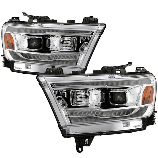 Spyder Dodge Ram 1500 2019-2020 Pro Headlights SEQ signal Chrome display showing show PRO-YD-DR19HALSI-SEQ-C