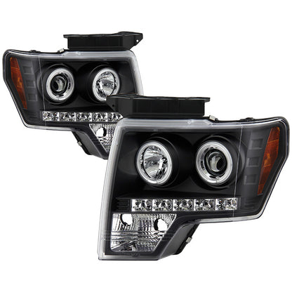 Spyder Ford F150 09-14 CCFL Halo Projector Headlights Black display showing show PRO-YD-FF15009-CCFL-BK