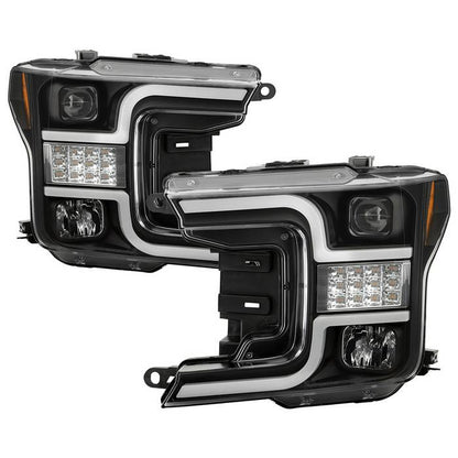 Spyder Ford F150 18-19 LED bar SEQ signal Headlights Black display showing show PRO-YD-FF15018-LBSEQ-BK