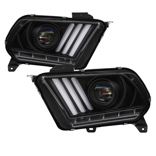 Spyder Ford Mustang 10-14 SEQ LED Bar Pro Headlights Black display showing show PRO-YD-FM2010V2-BK