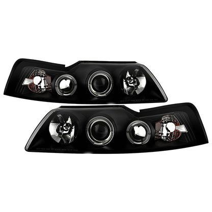 Spyder Ford Mustang 99-04 Halo Projector Headlights Black display showing show PRO-YD-FM99-1PC-AM-BK