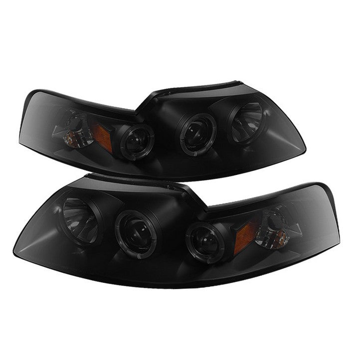 Spyder Ford Mustang 99-04 Halo Projector Headlights Black SM display showing show PRO-YD-FM99-1PC-AM-BSM