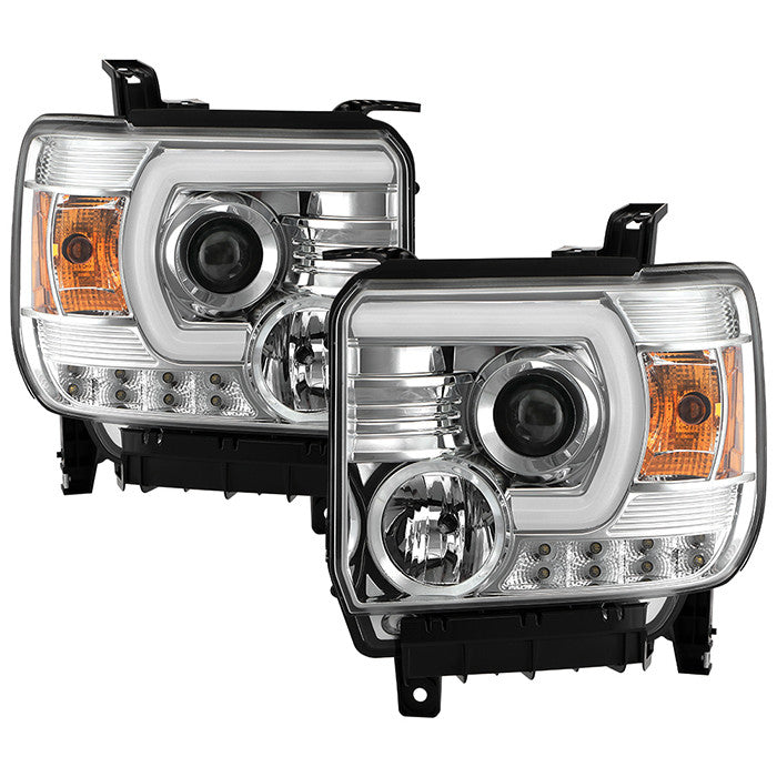 Spyder GMC Sierra 1500/2500HD/3500HD 14-18 headlights Chrome display showing show PRO-YD-GS14V2-LBDRL-C