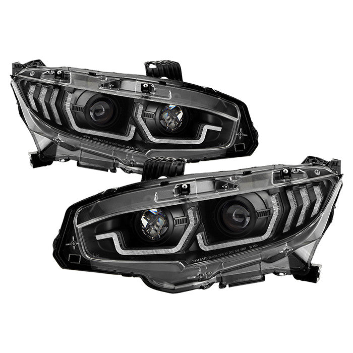 Spyder Honda Civic 16-20 U-Shape LED Bar Headlights Black display showing show PRO-YD-HC16SI-SEQGR-BK