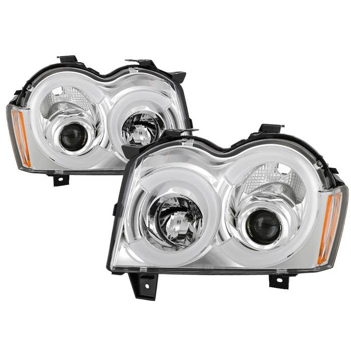 Spyder Jeep Grand Cherokee 05-07 LED Bar Pro Headlights Chrome display showing show PRO-YD-JGC05V2-LB-C