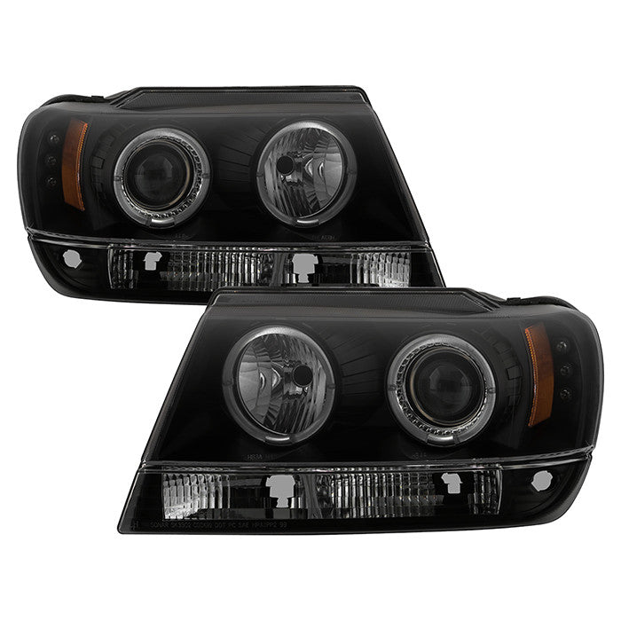 Spyder Jeep Grand Cherokee 99-04 Halo Pro Headlights Black SM display showing show PRO-YD-JGC99-HL-BSM