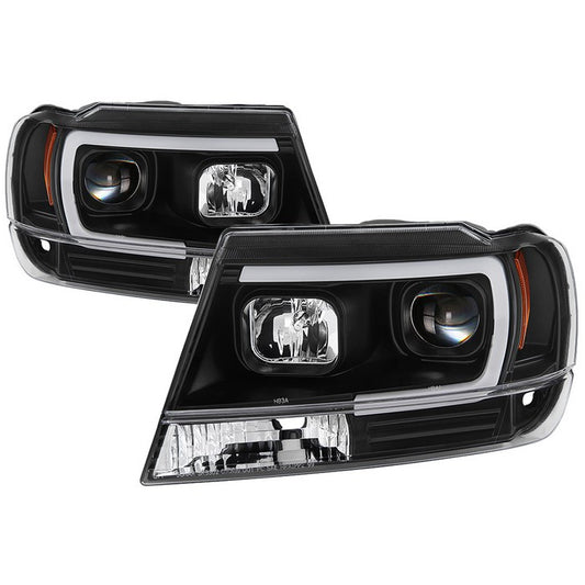 Spyder Jeep Grand Cherokee 99-04 V2 LED Bar Headlights Black display showing show PRO-YD-JGC99V2-DRL-BK