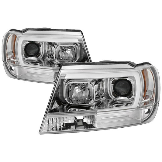 Spyder Jeep Grand Cherokee 99-04 V2 LED Bar Headlights Chrome display showing show PRO-YD-JGC99V2-DRL-C