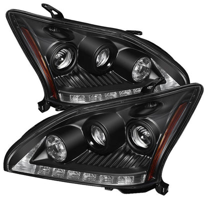 Spyder Lexus RX330 04-06 LED DRL Projector Headlights Black display showing show PRO-YD-LRX35004-DRL-BK