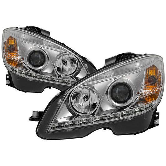 Spyder Mercedes C-Class 08-11 DRL Pro Headlights Chrome display showing show PRO-YD-MBW20408-DRL-C