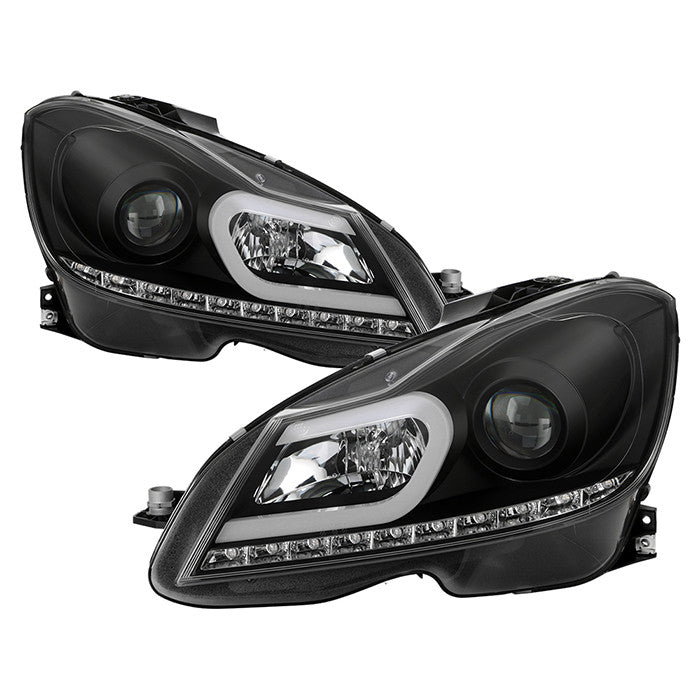 Spyder Mercedes W204 C-Class 12-13 DRL Pro Headlights Black display showing show PRO-YD-MBW20412-DRL-BK