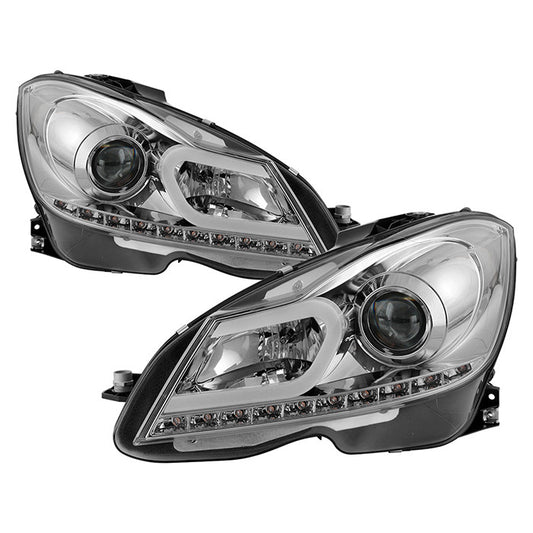 Spyder Mercedes W204 C-Class 12-13 DRL Pro Headlights Chrome display showing show PRO-YD-MBW20412-DRL-C