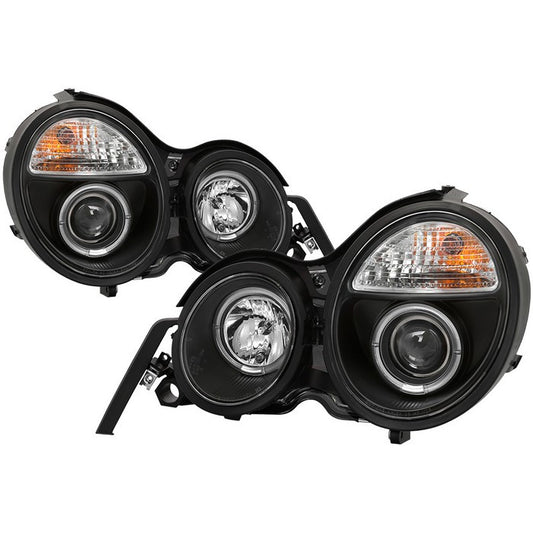 Spyder Mercedes E-Class 95-99 Halo Pro Headlights Black display showing show PRO-YD-MBW21095-HL-BK