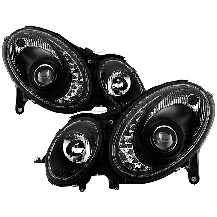 Spyder Mercedes E-Class 03-06 DRL Projector Headlights Black display showing show PRO-YD-MBW21103-DRL-BK