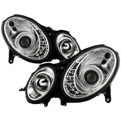 Spyder Mercedes E-Class 03-06 DRL Projector Headlights Chrome display showing show PRO-YD-MBW21103-DRL-C