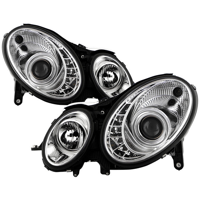 Spyder Mercedes E-Class 07-09 DRL Projector Headlights Chrome display showing show PRO-YD-MBW21107-DRL-C