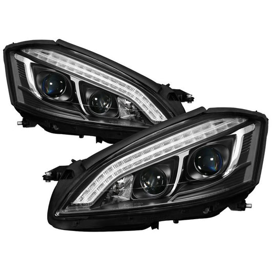 Spyder Mercedes W221 S Class 07-09 Pro Headlights Black OEM Xenon display showing show PRO-YD-MBW22107-HID-DRL-BK