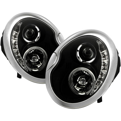 Spyder Mini Cooper 02-06 DRL Projector Headlights Black display showing show PRO-YD-MC02-DRL-BK