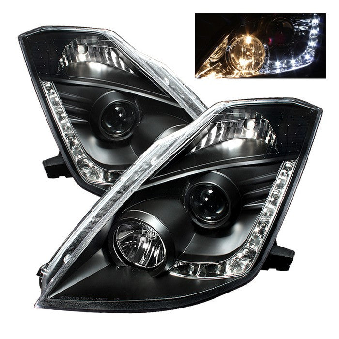 Spyder Nissan 350Z 03-05 DRL Projector Headlights Black display showing show PRO-YD-N350Z02-DRL-BK