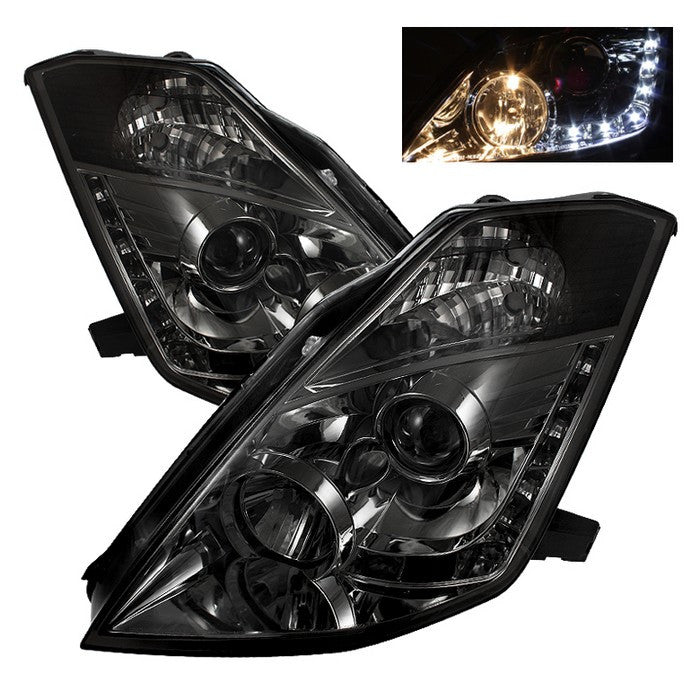 Spyder Nissan 350Z 03-05 DRL Projector Headlights Smoke display showing show PRO-YD-N350Z02-DRL-SM