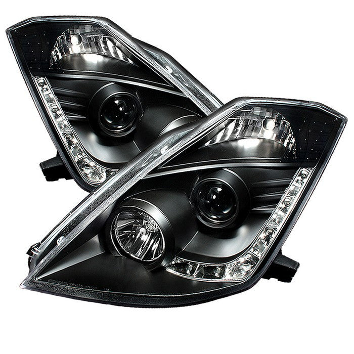 Spyder Nissan 350Z 03-05 DRL Pro Headlights Black OEM Xenon display showing show PRO-YD-N350Z02-HID-DRL-BK