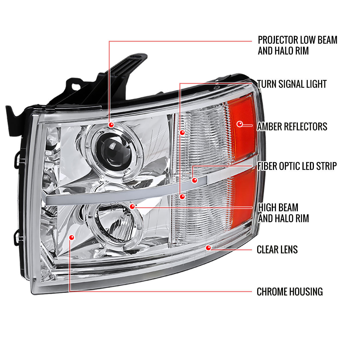 Silverado Projector  LED Bar Headlights Chrome