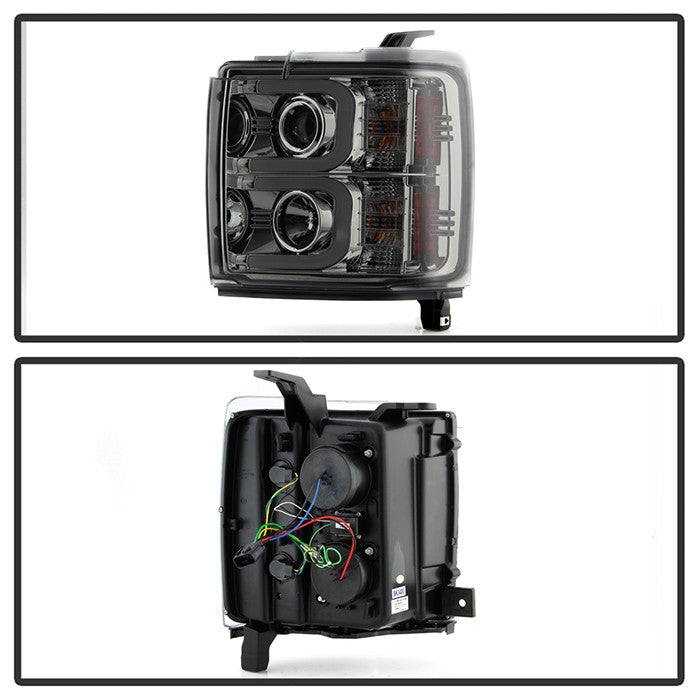 Spyder Chevy Silverado 15-19 2500 3500 HD Projector Headlights Light Bar DRL Smoke