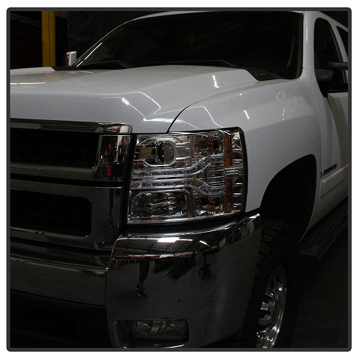 Spyder Chevy Silverado 1500 07-13 2500HD 3500HD 07-14 Version 2 Projector Headlights LED DRL installed Chrome