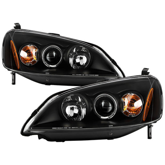 Spyder Honda Civic 01-03 Projector Headlights LED Halo Amber Reflector Black