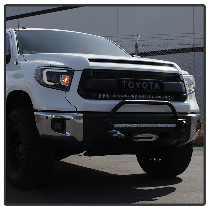PRO-YD-TTU14-DRL-BK Toyota Tundra 14-21 LED Bar DRL Projector Headlight Black front view showing lights on